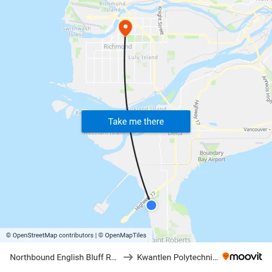 Northbound English Bluff Rd @ 1000 Block to Kwantlen Polytechnic University map