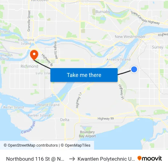 Northbound 116 St @ Nordel Way to Kwantlen Polytechnic University map