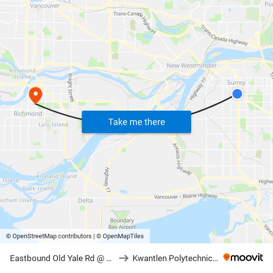 Eastbound Old Yale Rd @ 13500 Block to Kwantlen Polytechnic University map