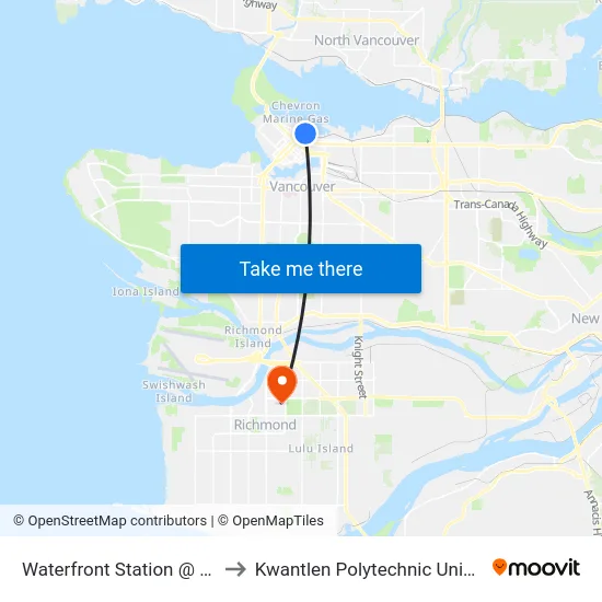 Waterfront Station @ Bay 1 to Kwantlen Polytechnic University map