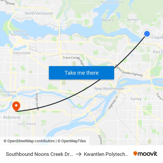 Southbound Noons Creek Dr @ Heather Place to Kwantlen Polytechnic University map
