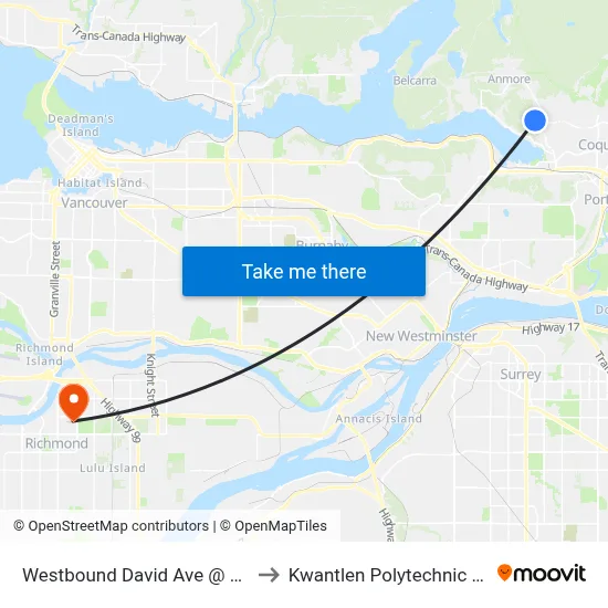 Westbound David Ave @ 1300 Block to Kwantlen Polytechnic University map