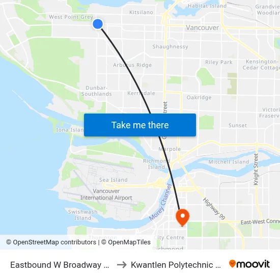 Eastbound W Broadway @ Alma St to Kwantlen Polytechnic University map