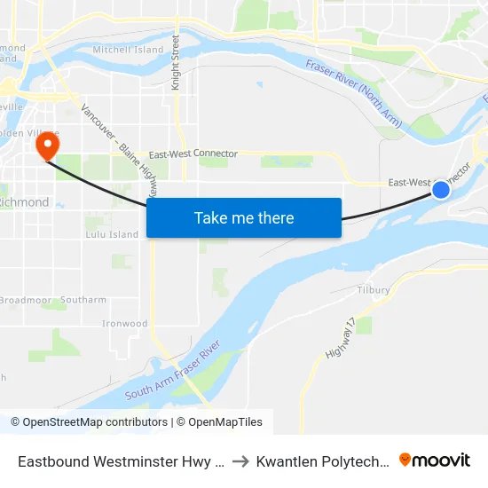 Eastbound Westminster Hwy @ Hwy 91 Offramp to Kwantlen Polytechnic University map