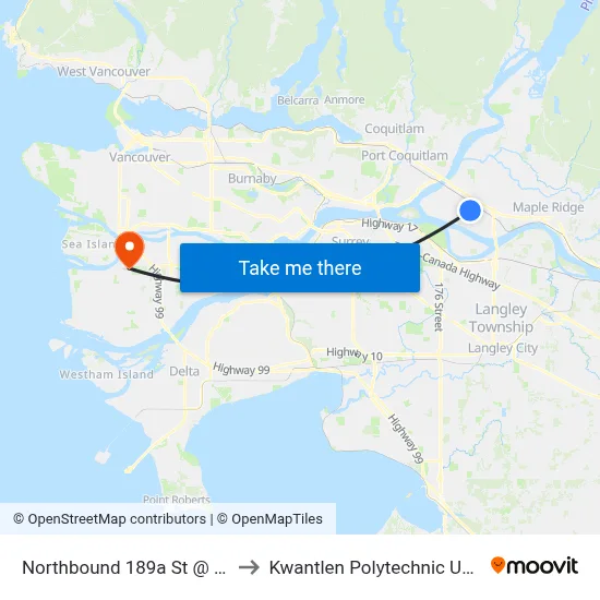 Northbound 189a St @ Ford Rd to Kwantlen Polytechnic University map