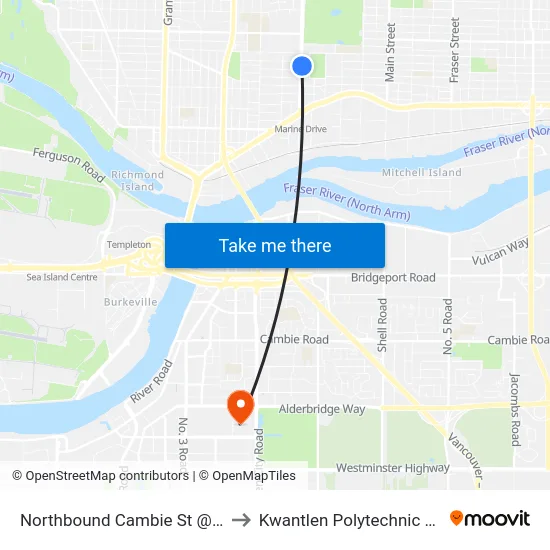 Northbound Cambie St @ W 61 Ave to Kwantlen Polytechnic University map