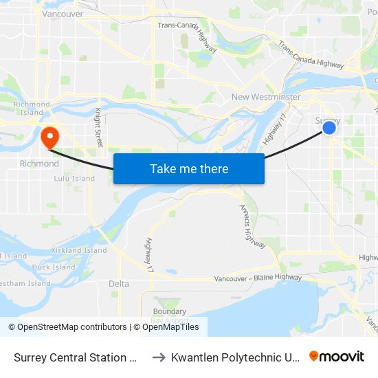 Surrey Central Station @ Bay 12 to Kwantlen Polytechnic University map