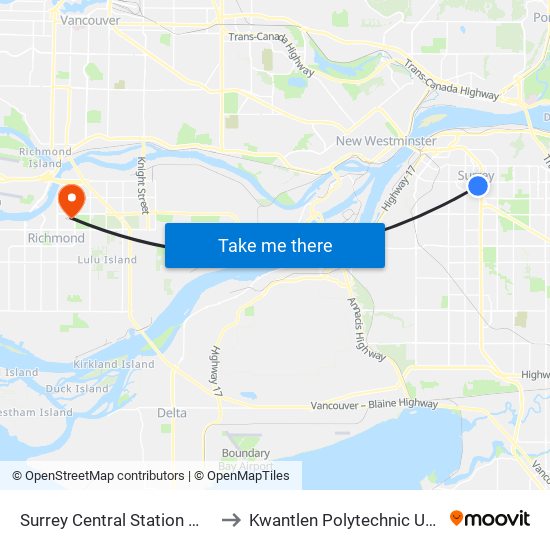 Surrey Central Station @ Bay 13 to Kwantlen Polytechnic University map