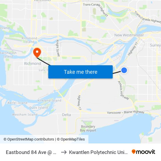 Eastbound 84 Ave @ 108 St to Kwantlen Polytechnic University map