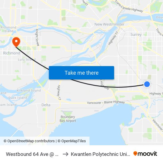 Westbound 64 Ave @ 144 St to Kwantlen Polytechnic University map