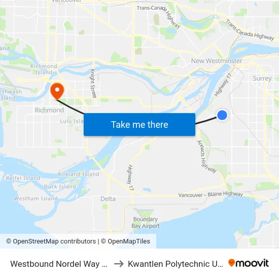 Westbound Nordel Way @ 116 St to Kwantlen Polytechnic University map