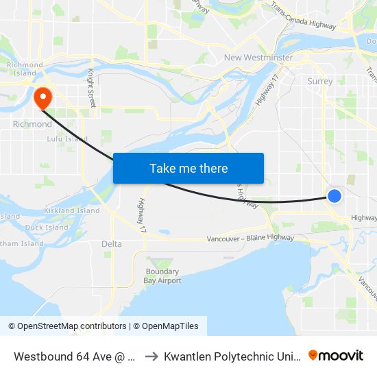 Westbound 64 Ave @ 140 St to Kwantlen Polytechnic University map