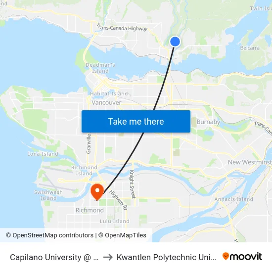 Capilano University @ Bay 2 to Kwantlen Polytechnic University map