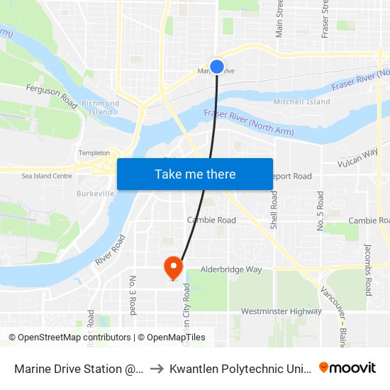 Marine Drive Station @ Bay 1 to Kwantlen Polytechnic University map