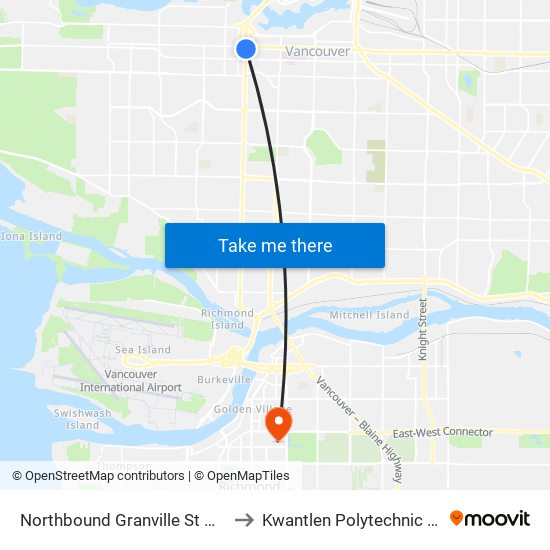 Northbound Granville St @ W 10 Ave to Kwantlen Polytechnic University map