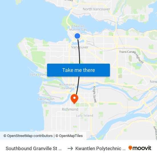 Southbound Granville St @ Robson St to Kwantlen Polytechnic University map