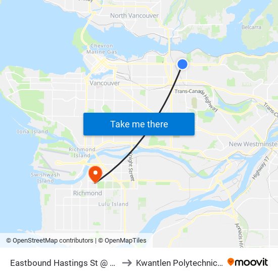 Eastbound Hastings St @ Madison Ave to Kwantlen Polytechnic University map