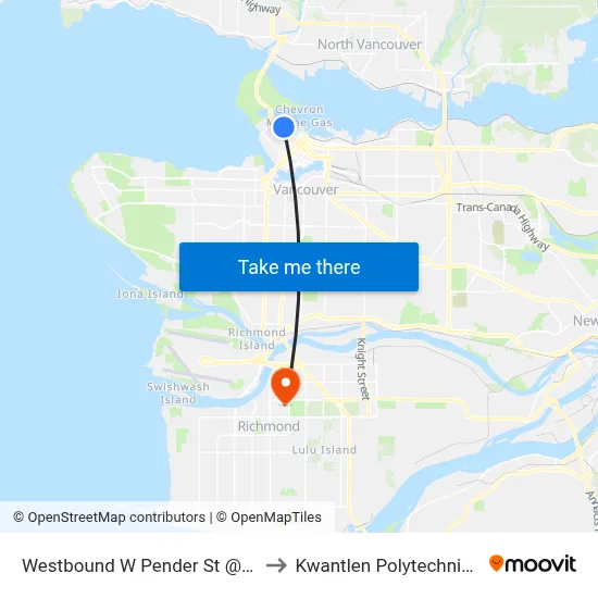 Westbound W Pender St @ Broughton St to Kwantlen Polytechnic University map
