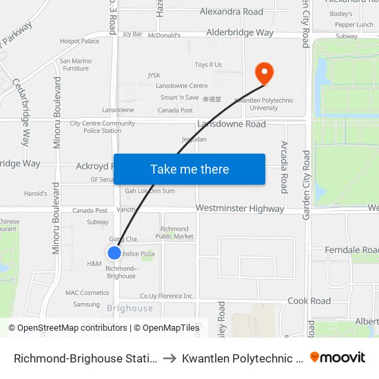 Richmond-Brighouse Station @ Bay 5 to Kwantlen Polytechnic University map