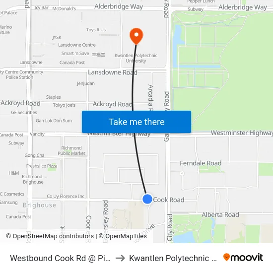 Westbound Cook Rd @ Pimlico Way to Kwantlen Polytechnic University map