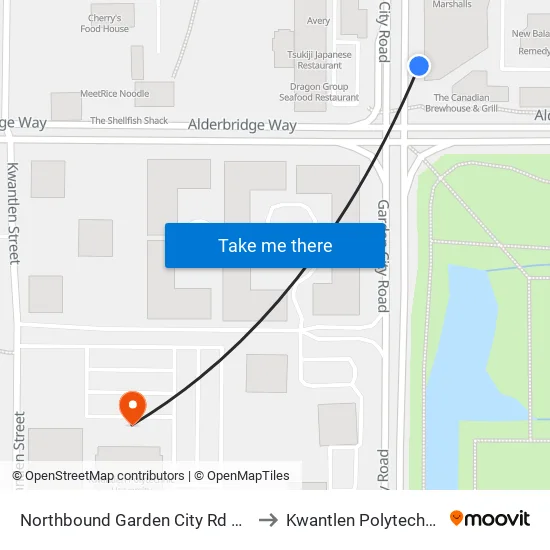 Northbound Garden City Rd @ Alderbridge Way to Kwantlen Polytechnic University map