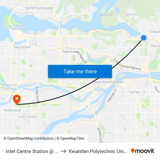 Inlet Centre Station @ Bay 2 to Kwantlen Polytechnic University map