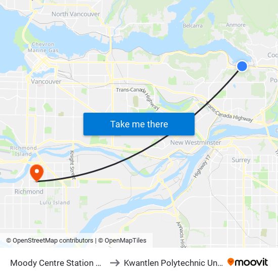 Moody Centre Station @ Bay 9 to Kwantlen Polytechnic University map