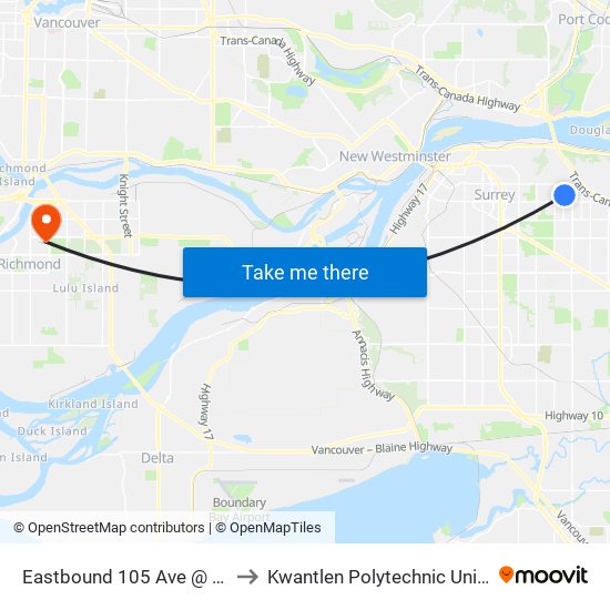 Eastbound 105 Ave @ 150 St to Kwantlen Polytechnic University map