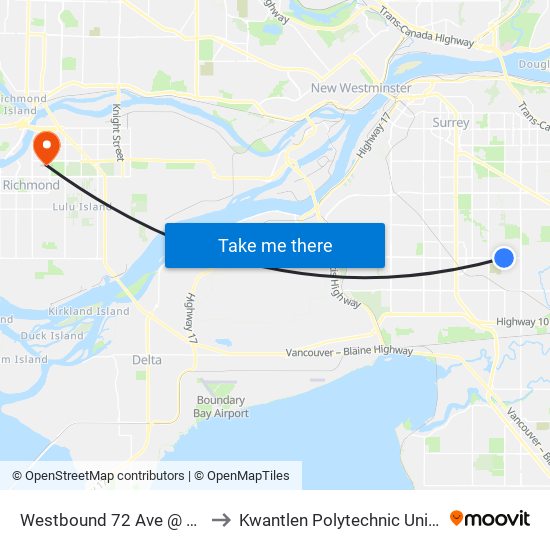 Westbound 72 Ave @ 148 St to Kwantlen Polytechnic University map