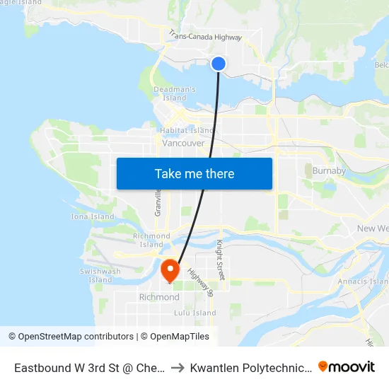 Eastbound W 3rd St @ Chesterfield Ave to Kwantlen Polytechnic University map