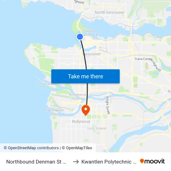 Northbound Denman St @ Comox St to Kwantlen Polytechnic University map