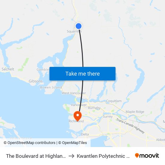 The Boulevard at Highlands Way S to Kwantlen Polytechnic University map