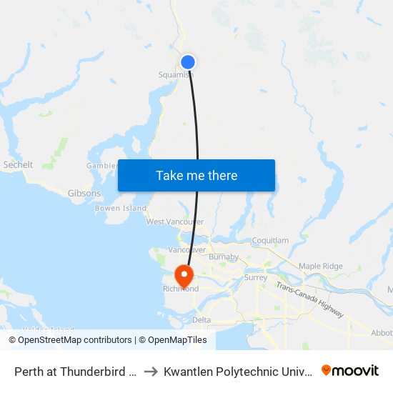 Perth at Thunderbird (NB) to Kwantlen Polytechnic University map