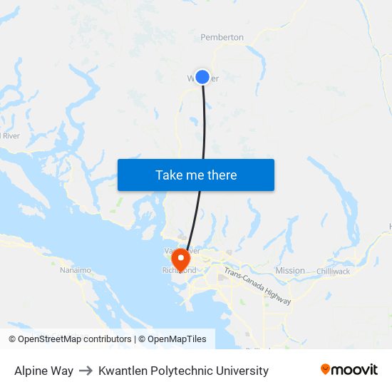 Alpine Way to Kwantlen Polytechnic University map