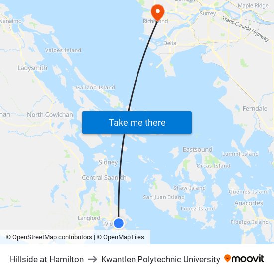 Hillside at Hamilton to Kwantlen Polytechnic University map