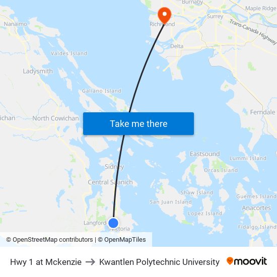 Hwy 1 at Mckenzie to Kwantlen Polytechnic University map