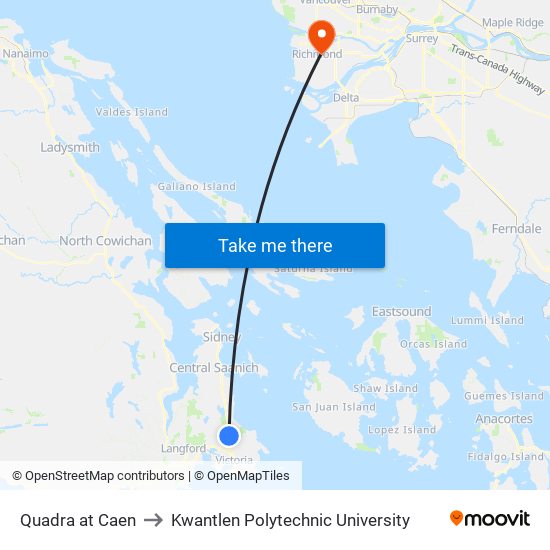 Quadra at Caen to Kwantlen Polytechnic University map