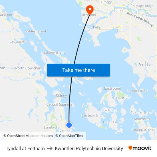 Tyndall at Feltham to Kwantlen Polytechnic University map