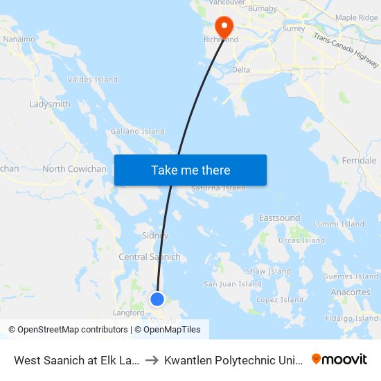 West Saanich at Elk Lake Dr. to Kwantlen Polytechnic University map