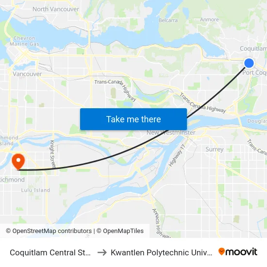 Coquitlam Central Station to Kwantlen Polytechnic University map