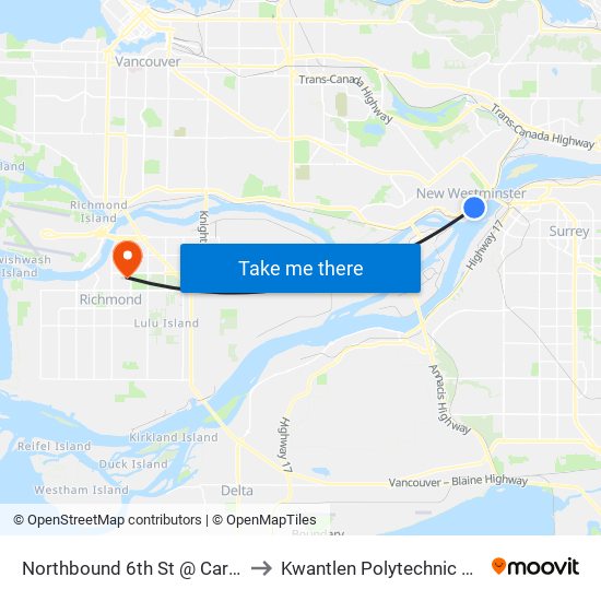 Northbound 6th St @ Carnarvon St to Kwantlen Polytechnic University map