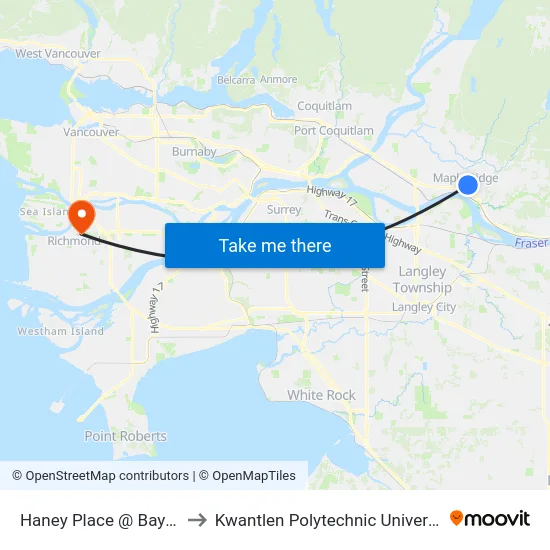 Haney Place @ Bay 10 to Kwantlen Polytechnic University map