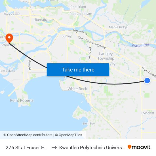 276 St at Fraser Hwy to Kwantlen Polytechnic University map