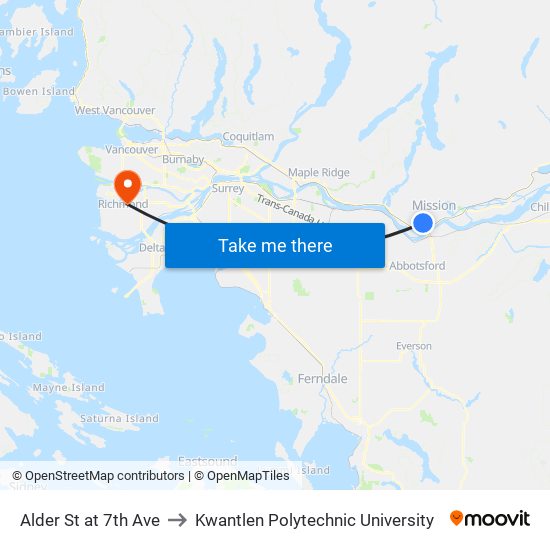 Alder St at 7th Ave to Kwantlen Polytechnic University map