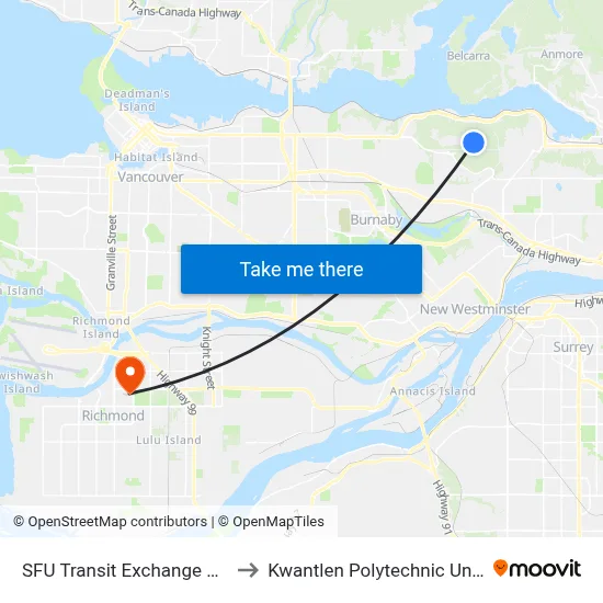 SFU Transit Exchange @ Bay 4 to Kwantlen Polytechnic University map