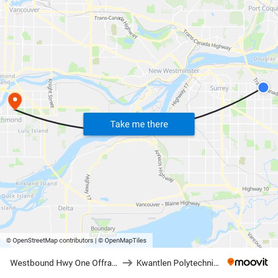 Westbound Hwy One Offramp @ 156 St to Kwantlen Polytechnic University map