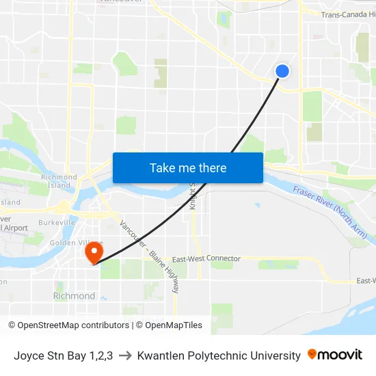 Joyce Stn Bay 1,2,3 to Kwantlen Polytechnic University map