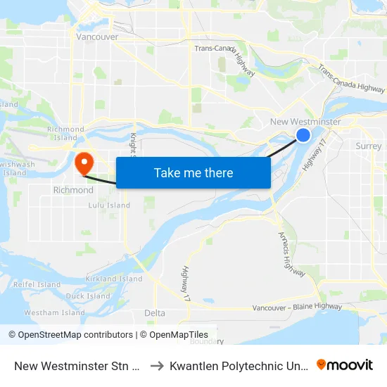 New Westminster Stn Bay 7,5 to Kwantlen Polytechnic University map