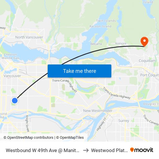 Westbound W 49th Ave @ Manitoba St to Westwood Plateau map