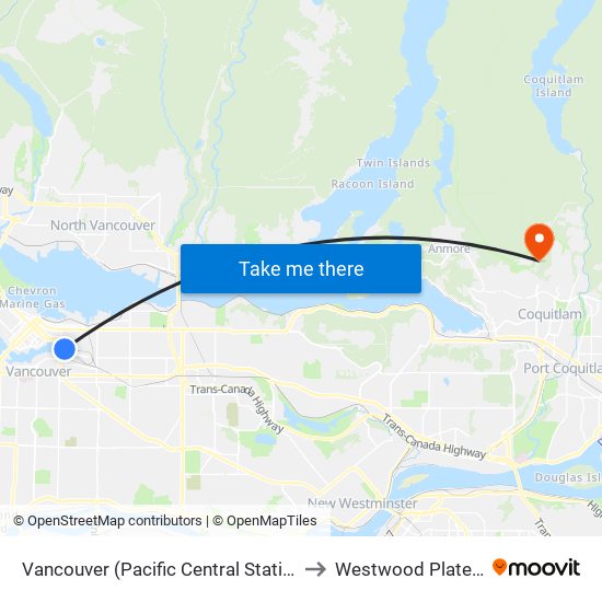 Vancouver (Pacific Central Station) to Westwood Plateau map